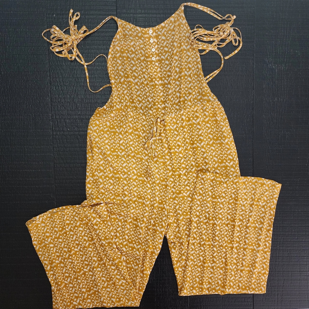 Kori America Mustard Tie Strap Low Back Wide Leg Jumpsuit Small Boho Festival